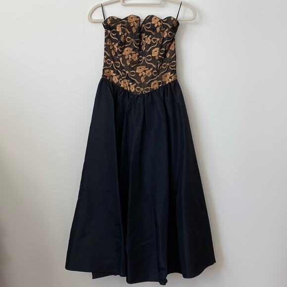 Gunne Sax Black Midi Dress with Floral Corset Style Top Size: S - Picture 1 of 9